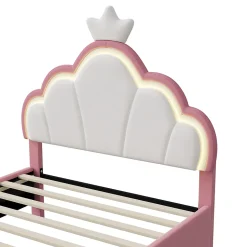 Lit Enfant Rembourré 90 X 200 Cm, LED, Tête De Lit Et Sommier à Lattes Réglables En Hauteur, Rose