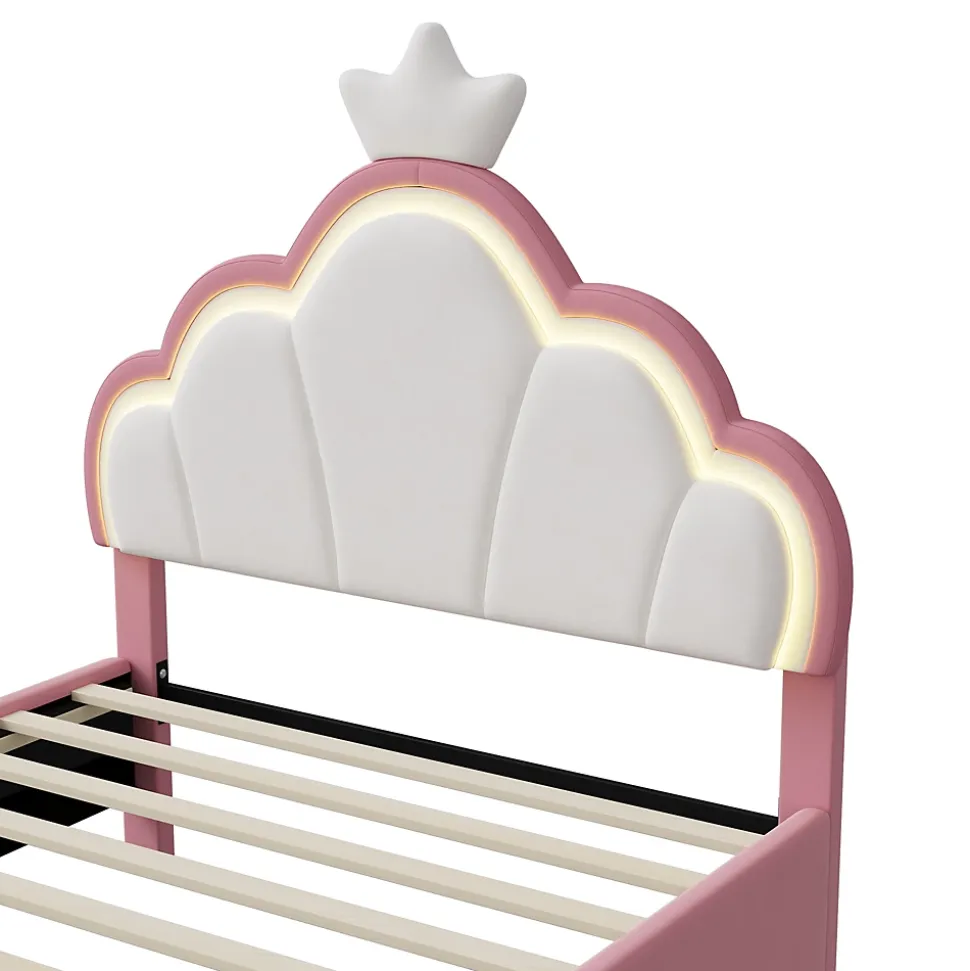 Lit Enfant Rembourré 90 X 200 Cm, LED, Tête De Lit Et Sommier à Lattes Réglables En Hauteur, Rose