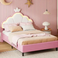 Lit Enfant Rembourré 90 X 200 Cm, LED, Tête De Lit Et Sommier à Lattes Réglables En Hauteur, Rose