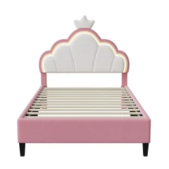 Lit Enfant Rembourré 90 X 200 Cm, LED, Tête De Lit Et Sommier à Lattes Réglables En Hauteur, Rose