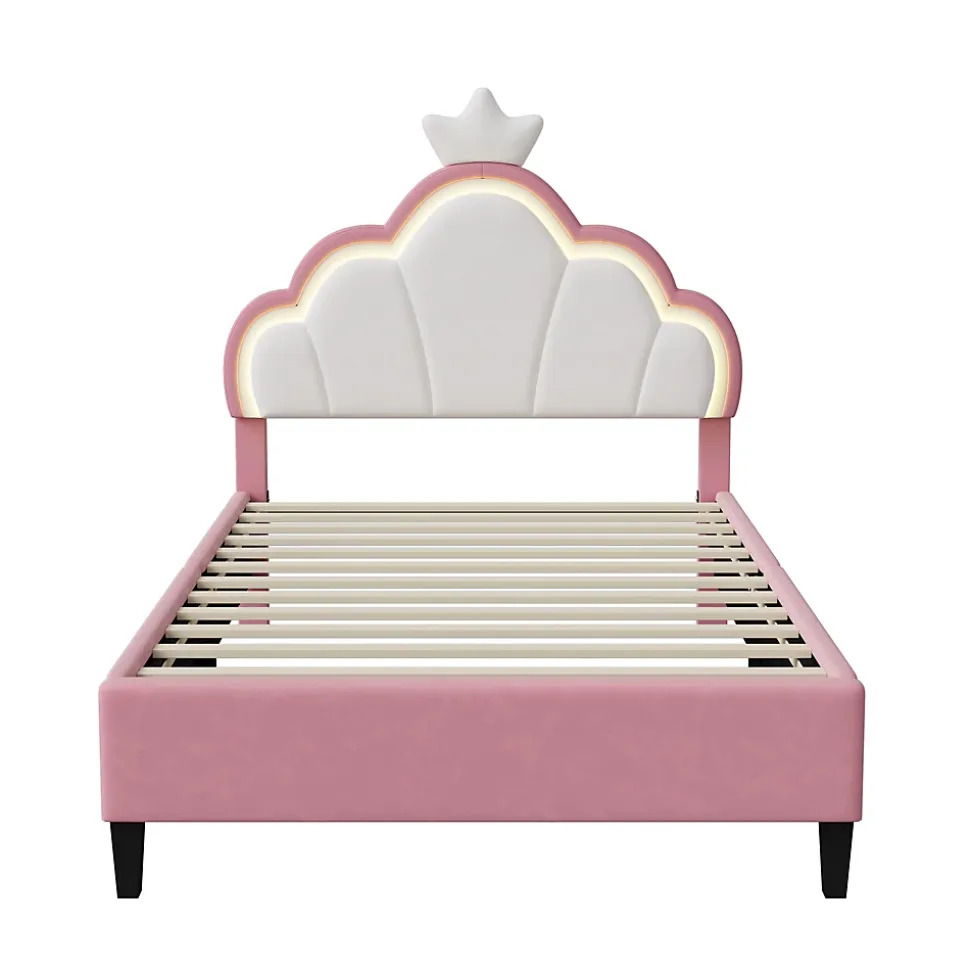 Lit Enfant Rembourré 90 X 200 Cm, LED, Tête De Lit Et Sommier à Lattes Réglables En Hauteur, Rose