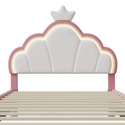 Lit Enfant Rembourré 90 X 200 Cm, LED, Tête De Lit Et Sommier à Lattes Réglables En Hauteur, Rose