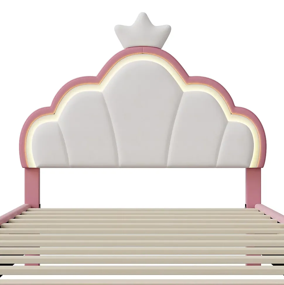 Lit Enfant Rembourré 90 X 200 Cm, LED, Tête De Lit Et Sommier à Lattes Réglables En Hauteur, Rose