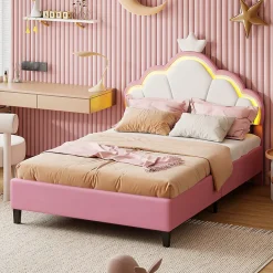 Lit Enfant Rembourré 90 X 200 Cm, LED, Tête De Lit Et Sommier à Lattes Réglables En Hauteur, Rose