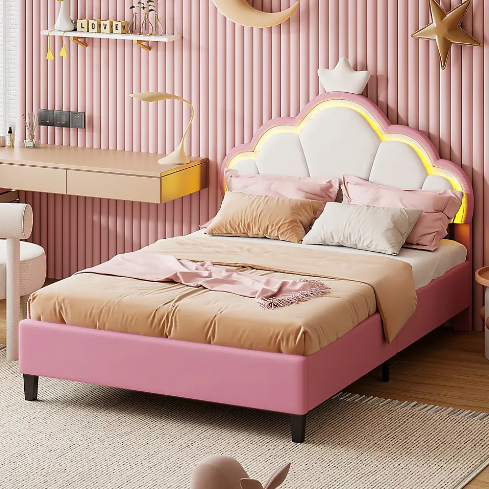 Lit Enfant Rembourré 90 X 200 Cm, LED, Tête De Lit Et Sommier à Lattes Réglables En Hauteur, Rose