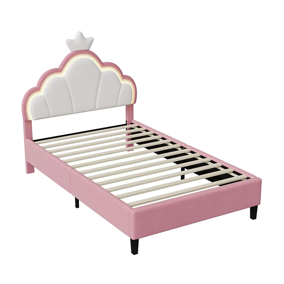 Lit Enfant Rembourré 90 X 200 Cm, LED, Tête De Lit Et Sommier à Lattes Réglables En Hauteur, Rose