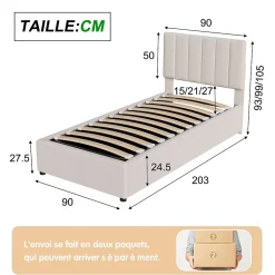 Lit enfant rembourré 90x200 cm, lit coffre hydraulique, lit haut coffre en lin doux pour la peau, beige