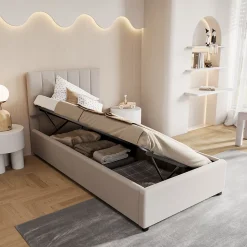 Lit enfant rembourré 90x200 cm, lit coffre hydraulique, lit haut coffre en lin doux pour la peau, beige