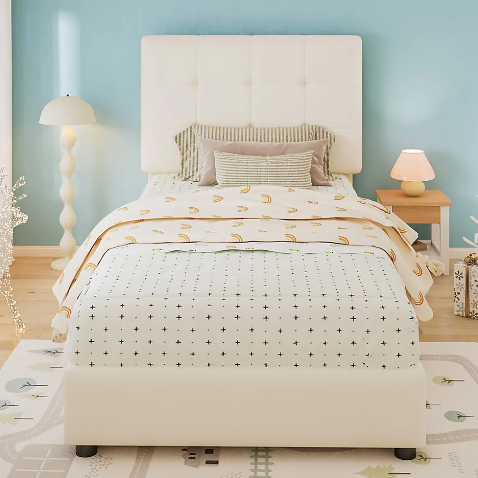 Lit enfant rembourré 90x200 cm - tête de lit en forme de biscuit - avec sommier à lattes - PU+contreplaqué - Beige(sans matelas)