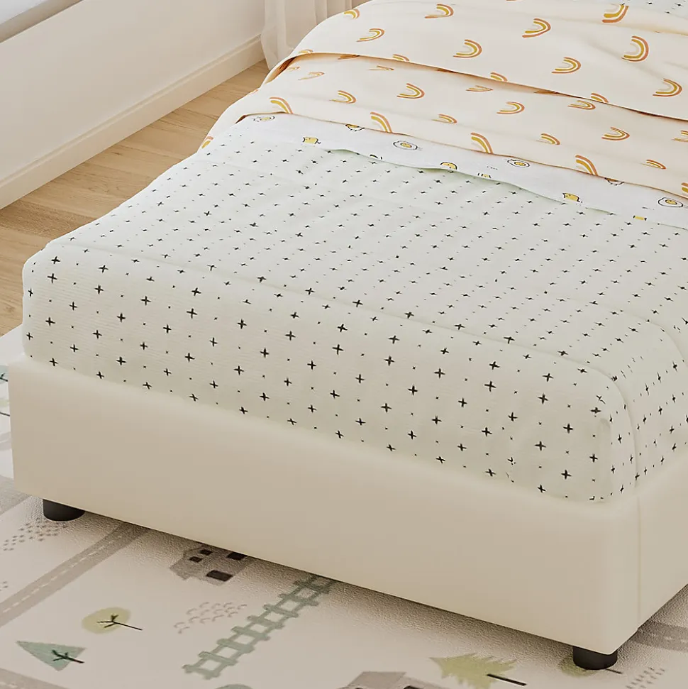 Lit enfant rembourré 90x200 cm - tête de lit en forme de biscuit - avec sommier à lattes - PU+contreplaqué - Beige(sans matelas)