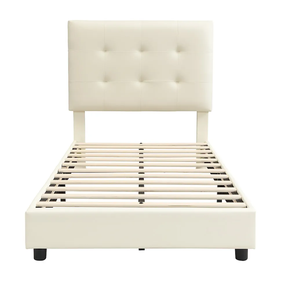 Lit enfant rembourré 90x200 cm - tête de lit en forme de biscuit - avec sommier à lattes - PU+contreplaqué - Beige(sans matelas)