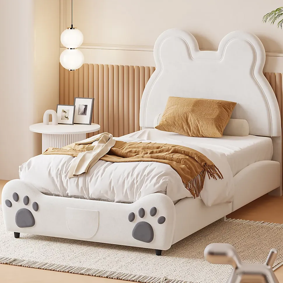 Lit Enfant Rembourré 90x200 Cm, Avec Tête De Lit En Forme D'ours En Velours Doux Pour La Peau, Blanc