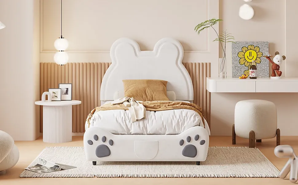 Lit Enfant Rembourré 90x200 Cm, Avec Tête De Lit En Forme D'ours En Velours Doux Pour La Peau, Blanc