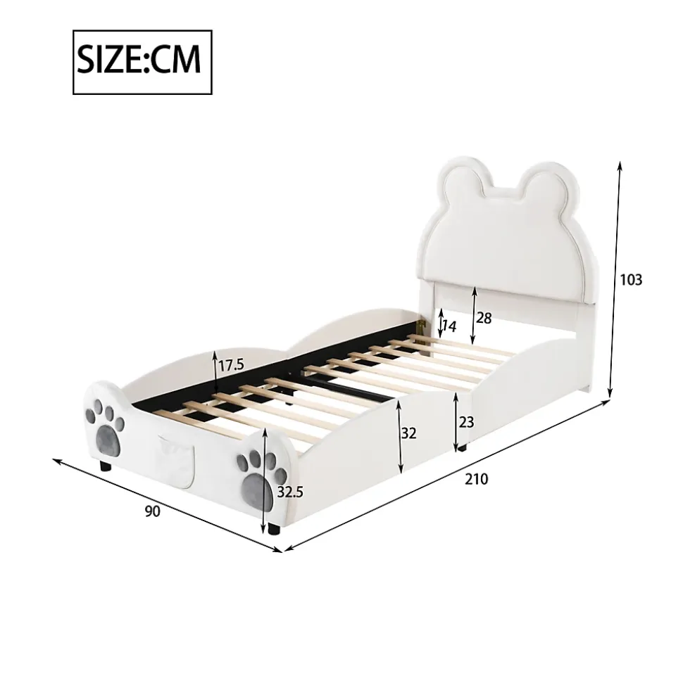 Lit Enfant Rembourré 90x200 Cm, Avec Tête De Lit En Forme D'ours En Velours Doux Pour La Peau, Blanc