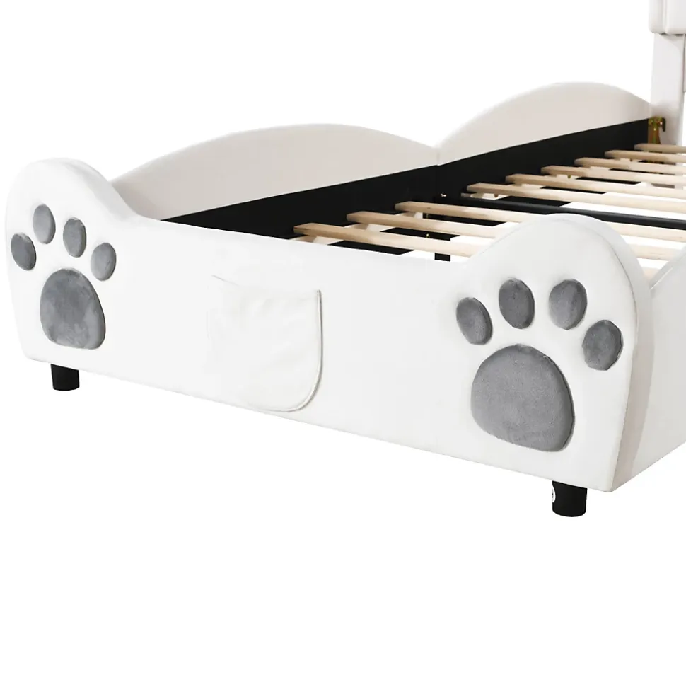 Lit Enfant Rembourré 90x200 Cm, Avec Tête De Lit En Forme D'ours En Velours Doux Pour La Peau, Blanc