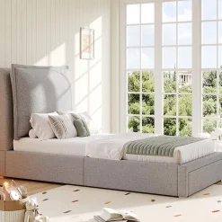 Lit enfant rembourré 90x200 cm, lattes, tête chenille, rangement - gris