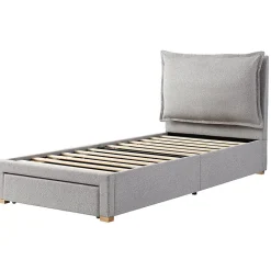 Lit enfant rembourré 90x200 cm, lattes, tête chenille, rangement - gris