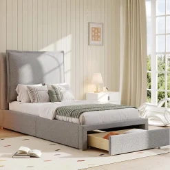 Lit enfant rembourré 90x200 cm, lattes, tête chenille, rangement - gris