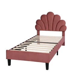 Lit Enfant Rembourré 90x200 Cm Avec Tête De Lit Fleurie Et Sommier à Lattes, Velours, Rouge