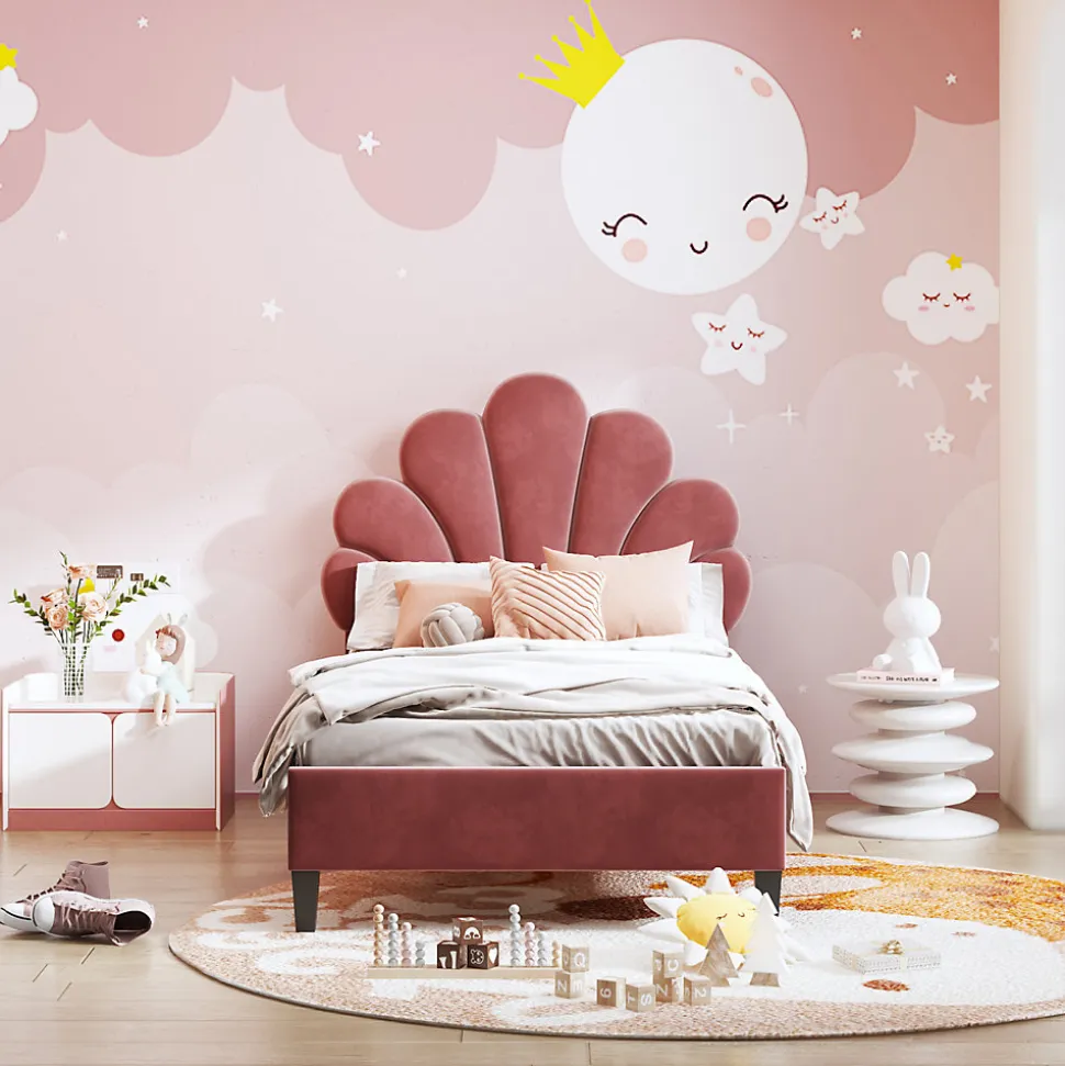 Lit Enfant Rembourré 90x200 Cm Avec Tête De Lit Fleurie Et Sommier à Lattes, Velours, Rouge