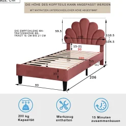 Lit Enfant Rembourré 90x200 Cm Avec Tête De Lit Fleurie Et Sommier à Lattes, Velours, Rouge