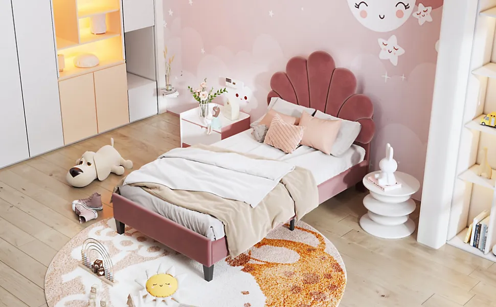 Lit Enfant Rembourré 90x200 Cm Avec Tête De Lit Fleurie Et Sommier à Lattes, Velours, Rouge