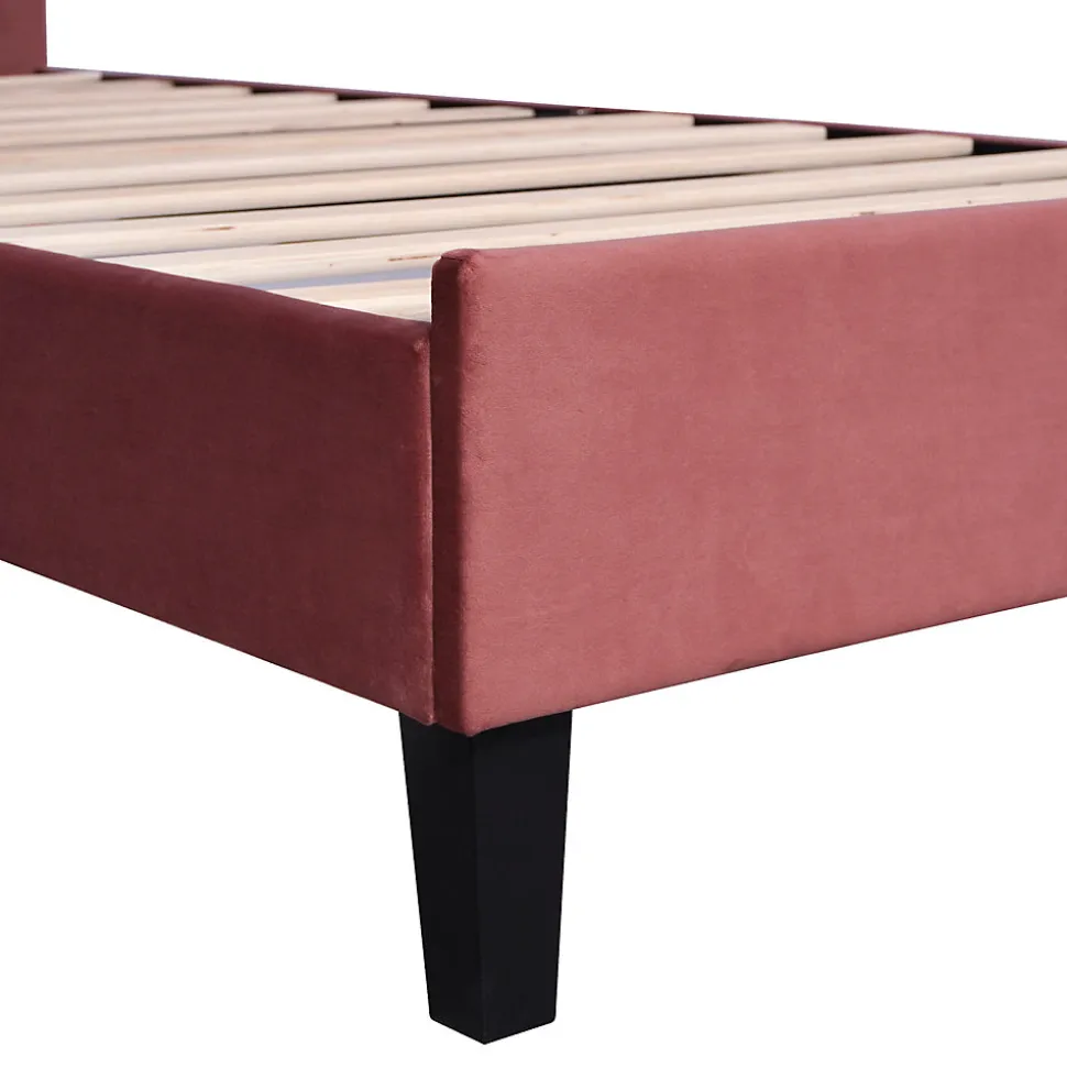 Lit Enfant Rembourré 90x200 Cm Avec Tête De Lit Fleurie Et Sommier à Lattes, Velours, Rouge