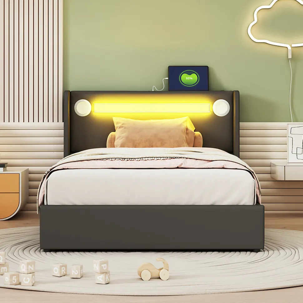 Lit Enfant Rembourré 90x200cm Avec Bande Lumineuse LED Et Chargement USB, Sommier à Lattes, Noir