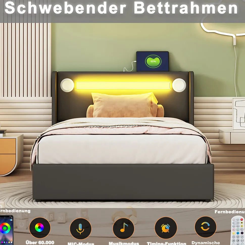 Lit Enfant Rembourré 90x200cm Avec Bande Lumineuse LED Et Chargement USB, Sommier à Lattes, Noir