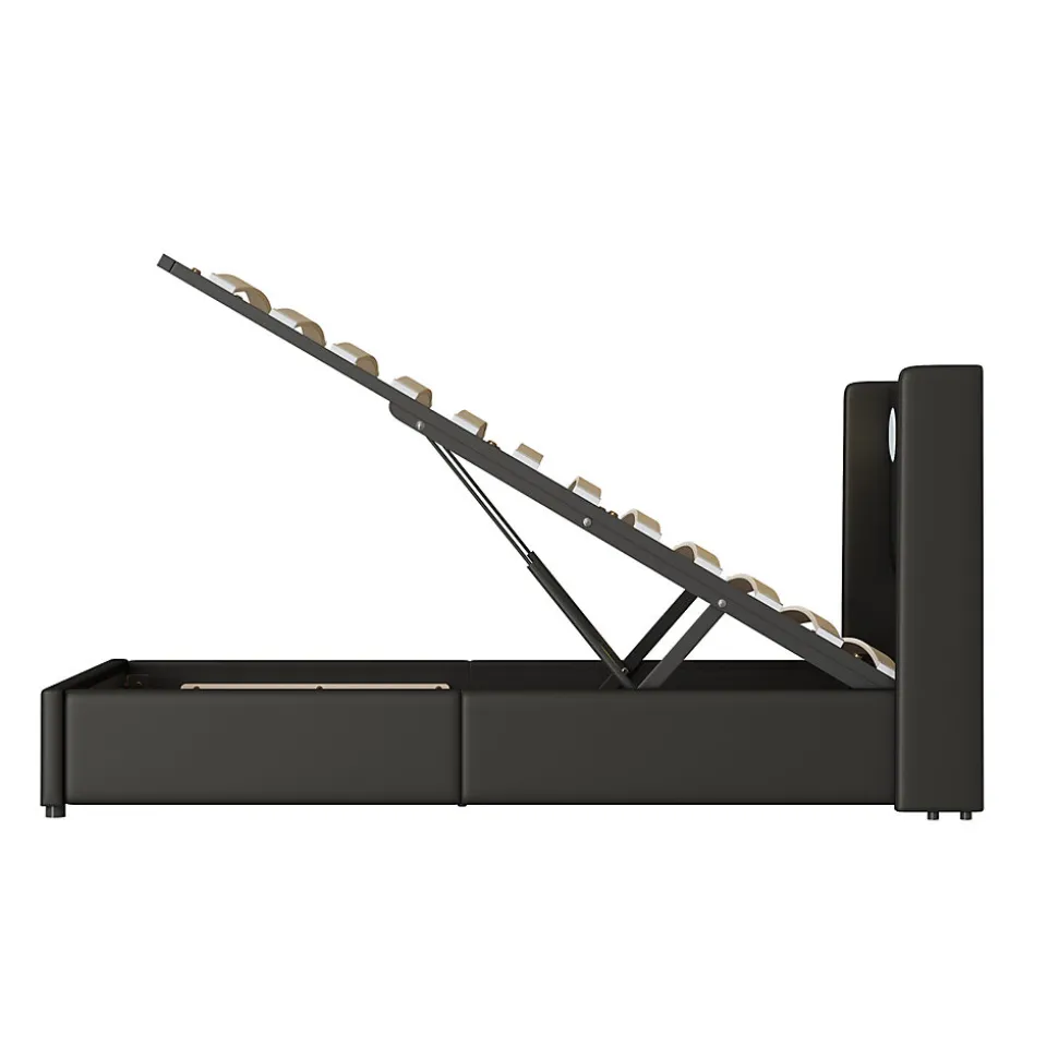 Lit Enfant Rembourré 90x200cm Avec Bande Lumineuse LED Et Chargement USB, Sommier à Lattes, Noir