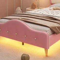Lit enfant rembourré 90x200cm rose et blanc, LED intégrée, tête de lit avec couronne et vagues décoratives