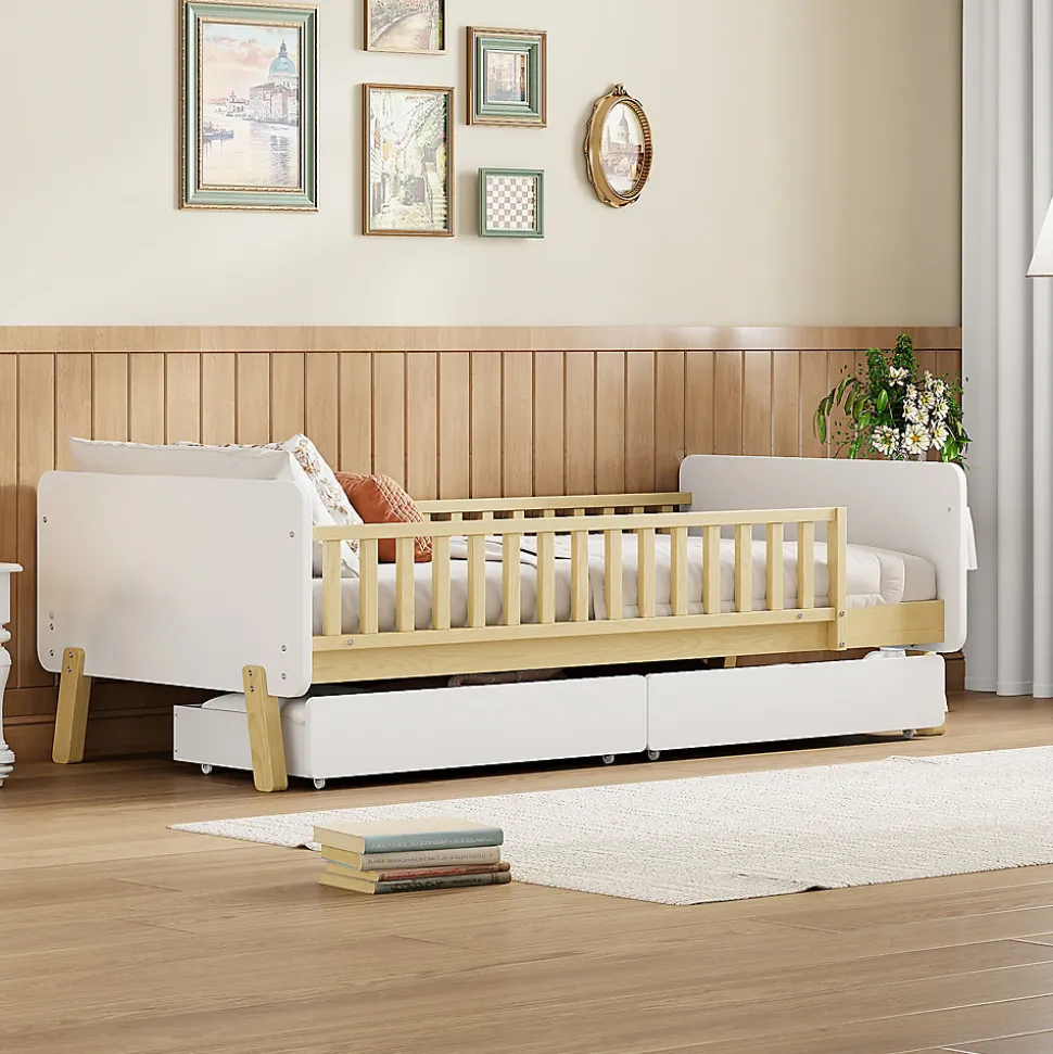 Lit enfant Simple 90x190 cm Bois Blanc avec 2 Tiroirs et Sommier À Lattes, Multifonction pour Chambre Fille Ou Garçon, Blanc