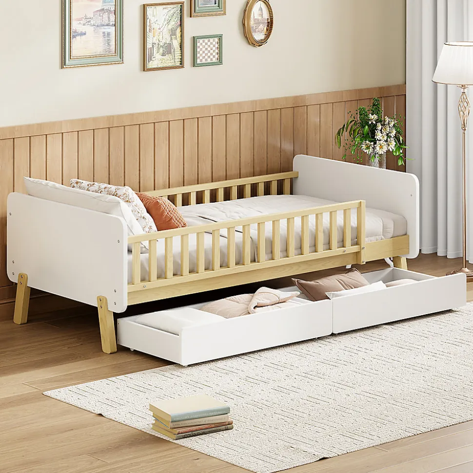 Lit enfant Simple 90x190 cm Bois Blanc avec 2 Tiroirs et Sommier À Lattes, Multifonction pour Chambre Fille Ou Garçon, Blanc