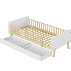 Lit enfant Simple 90x190 cm Bois Blanc avec 2 Tiroirs et Sommier À Lattes, Multifonction pour Chambre Fille Ou Garçon, Blanc