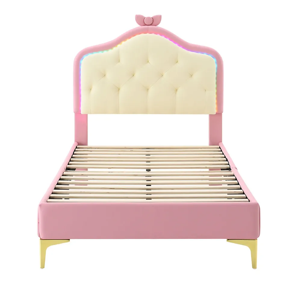 Lit enfant simple 90x200 cm rembourré avec bande LED colorée, tête ondulée et nœud décoratif, similicuir rose sans matelas