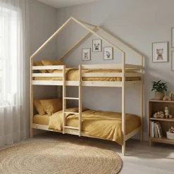 Lit enfant superposé cabane 90 x 190 cm pin naturel sommier à lattes inclus - Roya