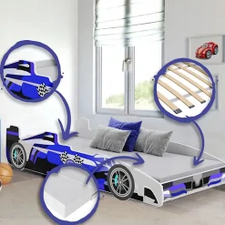 Lit enfant voiture formula 1 bleu et noir avec matelas et sommier inclus