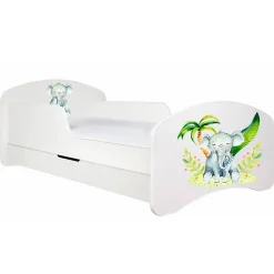 Lit enfant 190X90 Blanc Motif éléphant + matelas mousse sarrasin avec tiroir