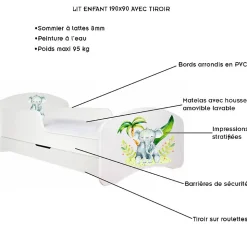 Lit enfant 190X90 Blanc Motif éléphant + matelas mousse sarrasin avec tiroir