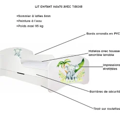 Lit enfant 140X70 Blanc Motif éléphant + matelas mousse sarrasin coco avec tiroir