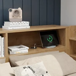 Lit enfant 90x200 cm - avec 1 tiroir - avec bibliothèque et rangement - sommier à lattes - naturel (sans matelas)