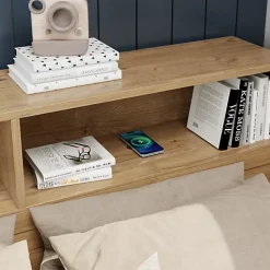 Lit enfant 90x200 cm - avec 1 tiroir - avec bibliothèque et rangement - sommier à lattes - naturel (sans matelas)