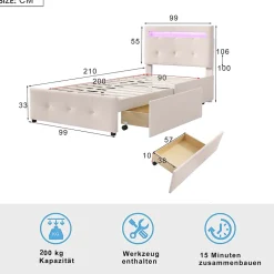 Lit enfant 90x200 cm - avec 2 Tiroirs et Éclairage LED, Lit Confortable en Lin Beige, Rangement Sous Le Lit, Sans Matelas