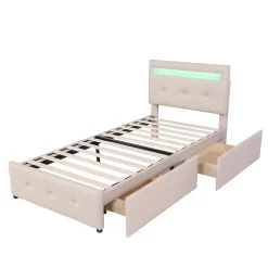 Lit enfant 90x200 cm - avec 2 Tiroirs et Éclairage LED, Lit Confortable en Lin Beige, Rangement Sous Le Lit, Sans Matelas