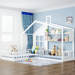 Lit enfant 90x200 cm - Cabane avec Fenêtre et Coffre de Rangement, MDF/Bois, Blanc - Sans Matelas