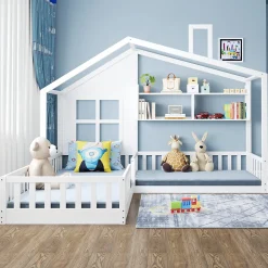 Lit enfant 90x200 cm - Cabane avec Fenêtre et Coffre de Rangement, MDF/Bois, Blanc - Sans Matelas