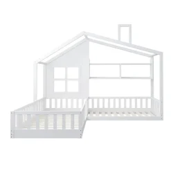 Lit enfant 90x200 cm - Cabane avec Fenêtre et Coffre de Rangement, MDF/Bois, Blanc - Sans Matelas