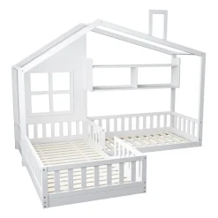 Lit enfant 90x200 cm - Cabane avec Fenêtre et Coffre de Rangement, MDF/Bois, Blanc - Sans Matelas
