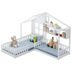 Lit enfant 90x200 cm - Cabane avec Fenêtre et Coffre de Rangement, MDF/Bois, Blanc - Sans Matelas