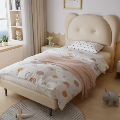 Lit enfant 90x200 cm - Lit avec Tête de Lit en Forme d'Animal - PU - Sans Matelas - Beige
